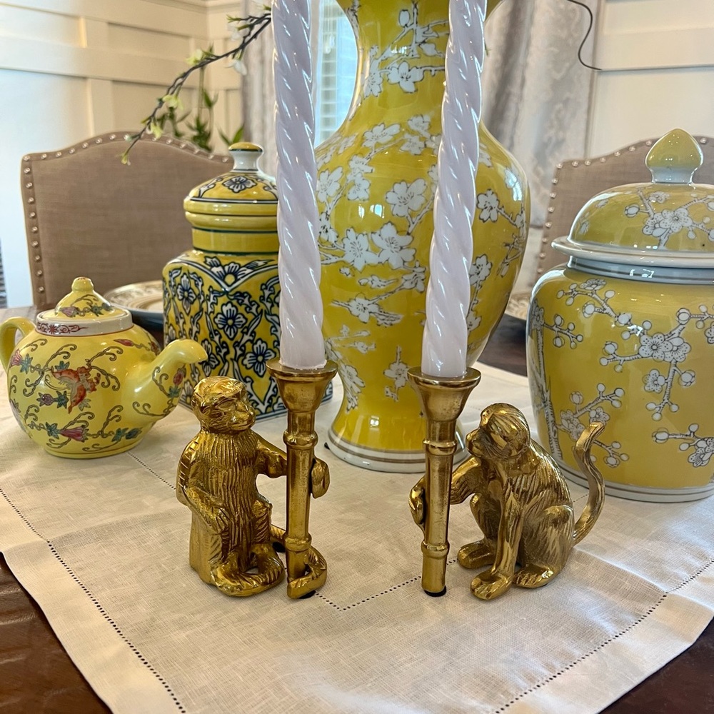 Chinoiserie Gold Monkey Candle Stick Holders